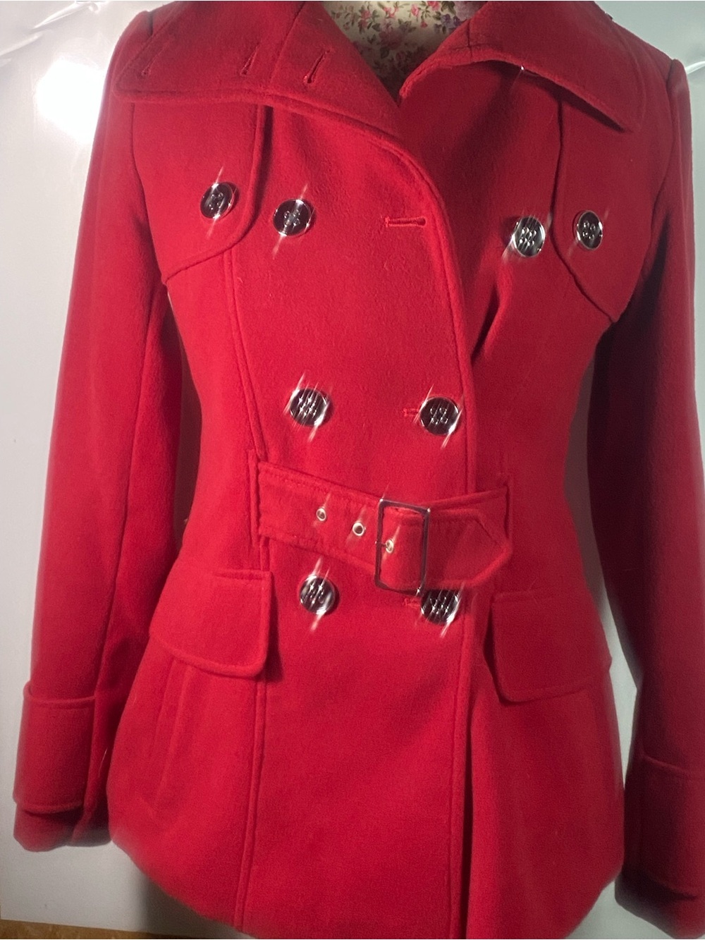 George Red Double-Breasted Belted Pea Coat with Silver Buttons